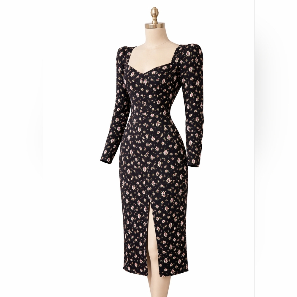 ASTR The Label Black Floral Puff Sleeve Dress M NWT Slit Midi Romantic Chic